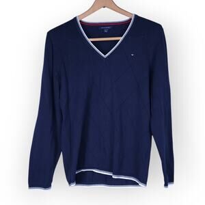 Tommy Hilfiger V Neck Small Logo Navy Blue Large 100% Cotton Preppy Academia